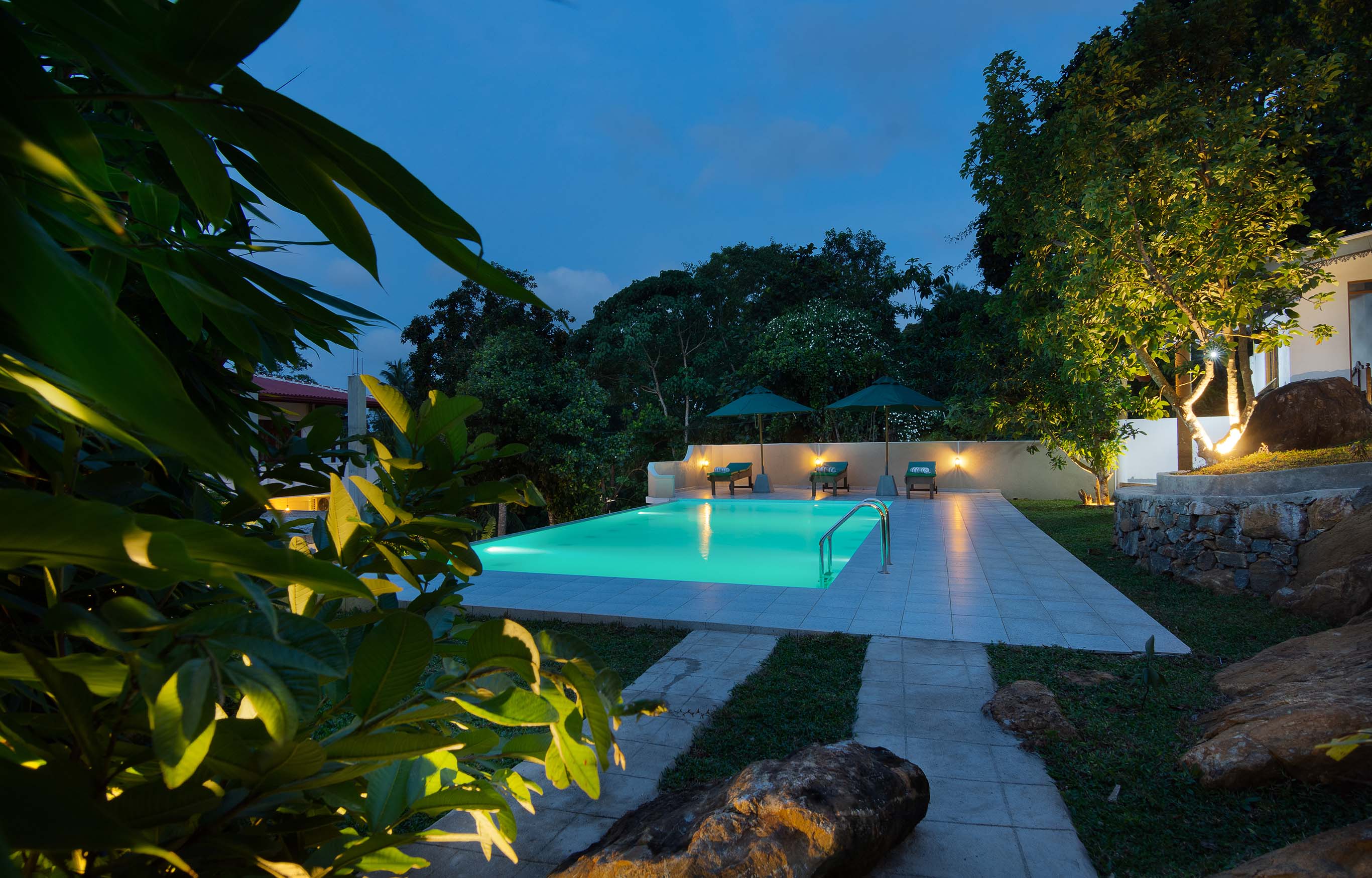 Outdoor swimming pool at Tranquil Escape Villa in Hikkaduwa, illuminated with underwater lights during twilight, surrounded by lush greenery and lounge chairs.